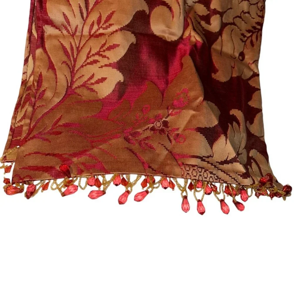 red gold HOLIDAY beaded trim shawl scarf table runner Christmas 12 x 48